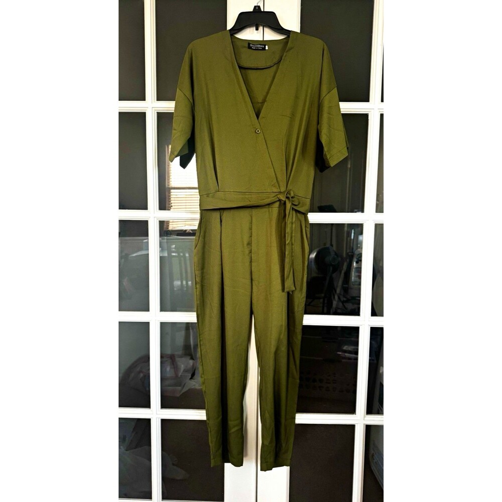 SouthStore Women’s Moss Green V-Neck Short Sleeve Jumpsuit Tie Elastic Waist L